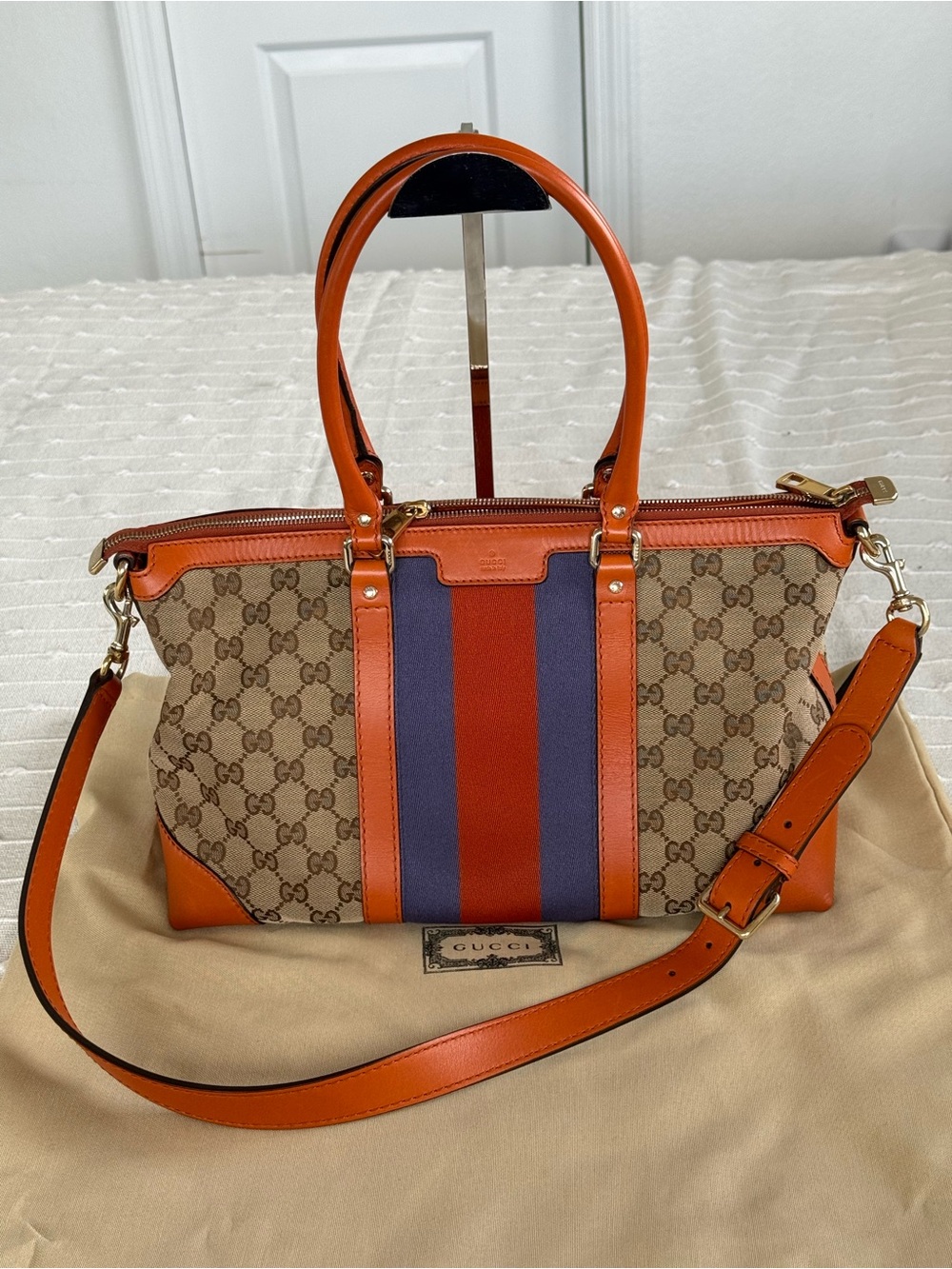 Gucci Brown GG Canvas Satchel with Orange Trim and Blue-Red Stripe